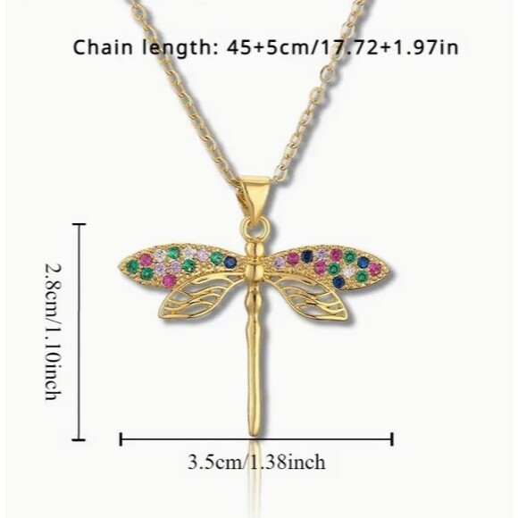 Gold Dragonfly Earrings & Necklace Rhinestones Jewelry Set - Picture 3 of 10